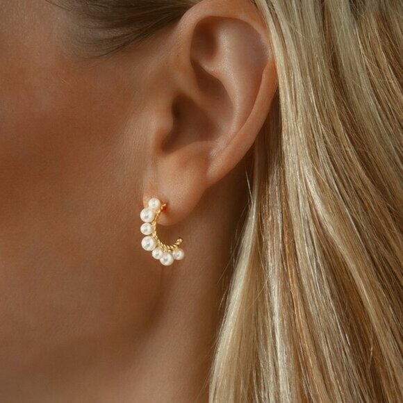 Sterling Silver with Real Gold Pearl Studded Hoop Earrings Stamped 925 - Picture 1 of 2